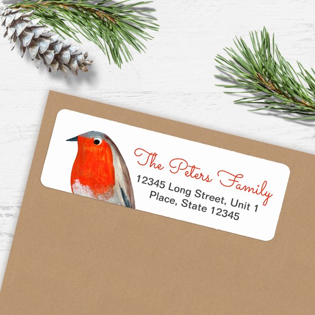 Cute Bird Red Robin Blue jul Returadress Etikett (Cute Bird Red Robin Blue Christmas Label)