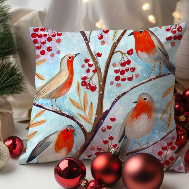 Cute Bird Red Robin Blue-julfamiljen Kudde (Cute Bird Red Robin Blue Christmas Family Throw Pillow)