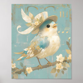 Cute Bird Singing Vintage Watercolor Christmas Art Poster