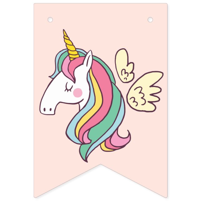 Cute Birdday Doodle Flying Rainbow Unicorn Vimplar (Första flaggan)
