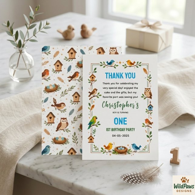 Cute Birds 1st Birthday – Fun Kids Party Tack Kort (Cute Birds 1st Birthday – Fun Kids Party Thank You Card
)