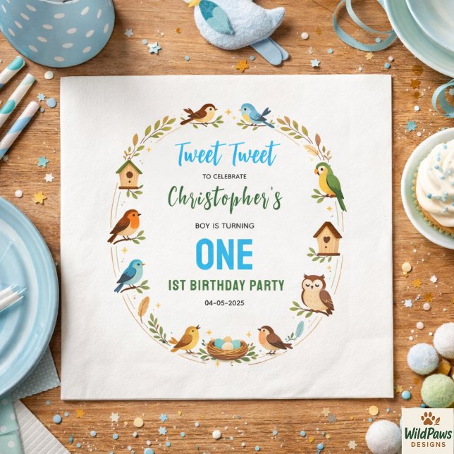Cute Birds 1st Birthday Party – Fun Kids  Pappersservett (Cute Birds 1st Birthday Party – Fun Kids Napkins
)