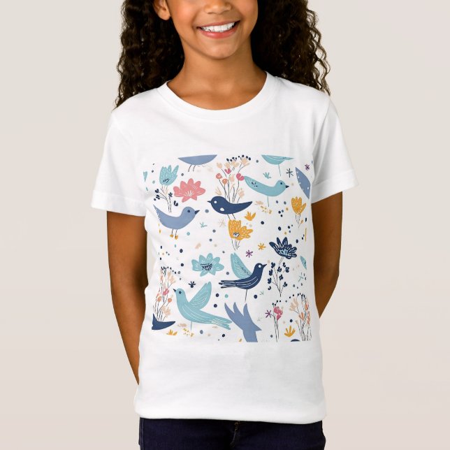 Cute Birds and Colorful Flowers T Shirt (Framsida)
