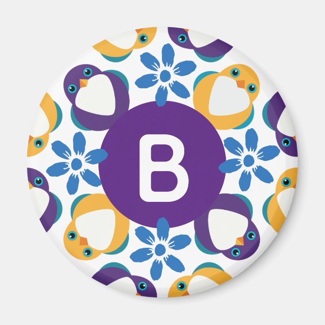 Cute Birds and Flowers Wreath Monogrammed Magnet (Framsidan)