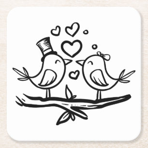 Cute Birds Black White Lovebird Bröllop Underlägg Papper Kvadrat