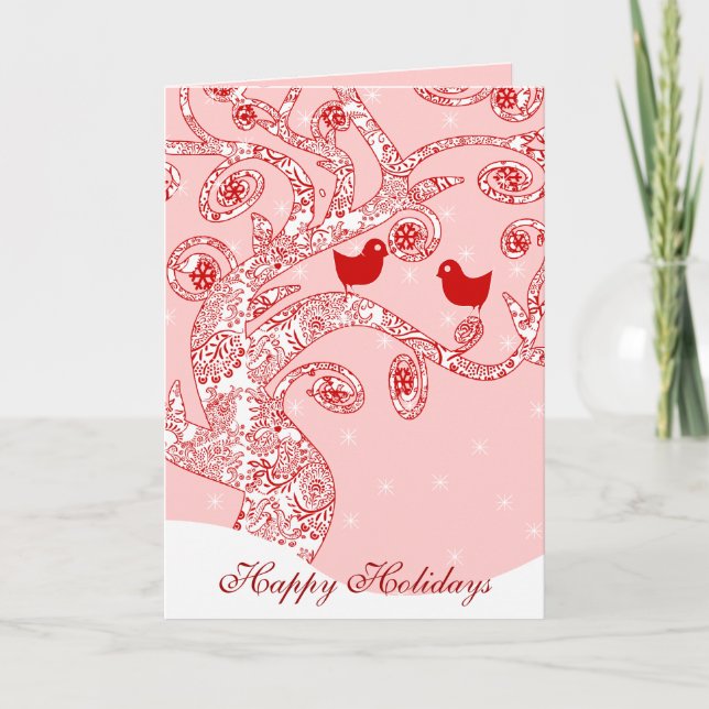 Cute Birds Damask Swirl Träd Stars Glad helg (Framsida)