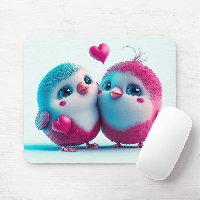 Cute Birds Kärlek Hearts Valentine Inspired Artwor Musmatta (Med mus)