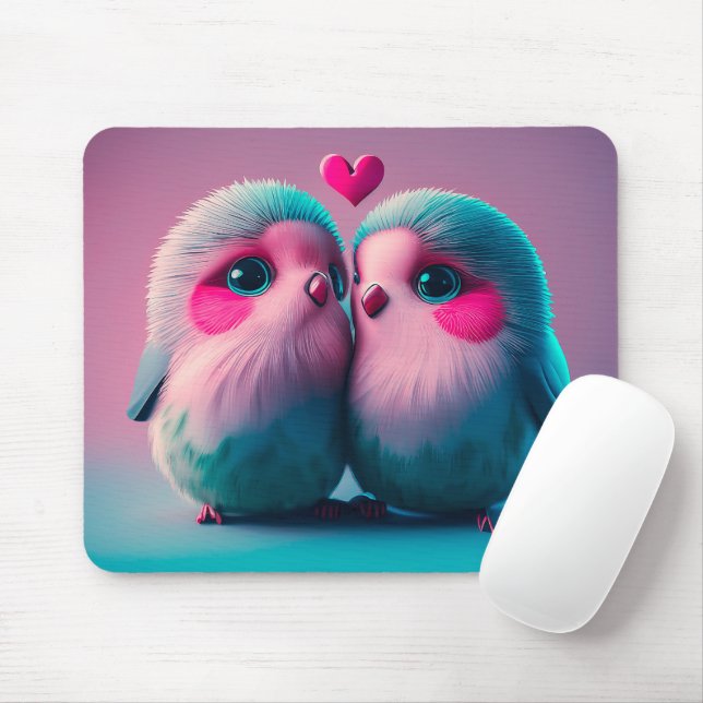 Cute Birds Kärlek Hearts Valentine Inspired Artwor Musmatta (Med mus)