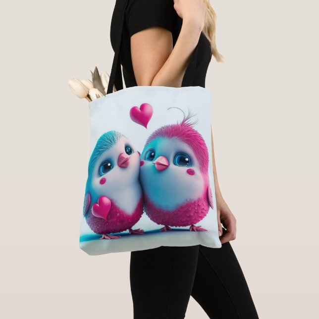 Cute Birds Kärlek Hearts Valentine Inspired Artwor Tygkasse (Närbild)