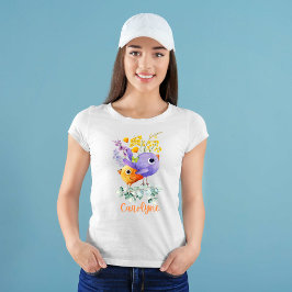 Cute Birds Lila och Orange Watercolor Flowers T Shirt