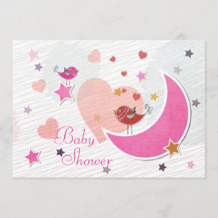 Cute Birds Måne och Stars Girl Baby Shower Inbjudningar