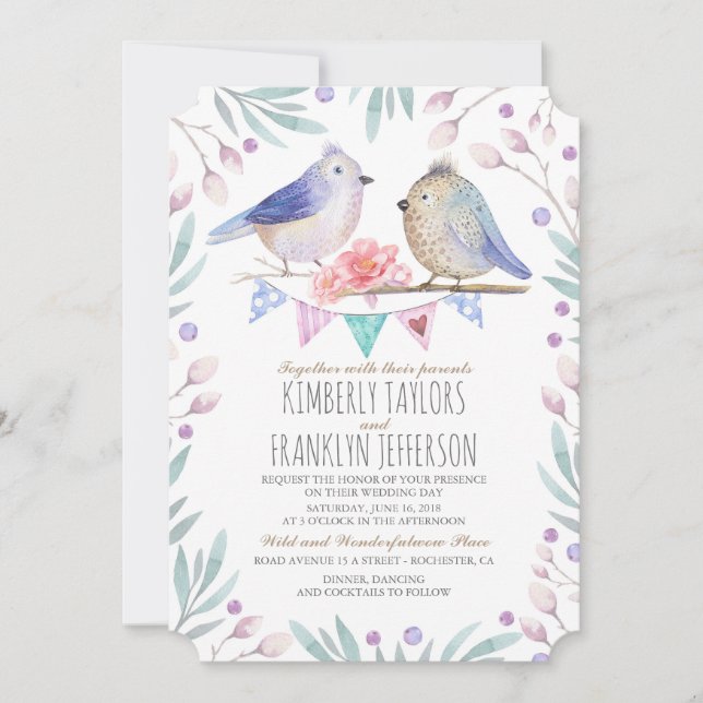 Cute Birds par Rosa Blommigt Träd Bröllop Inbjudningar (Framsida)