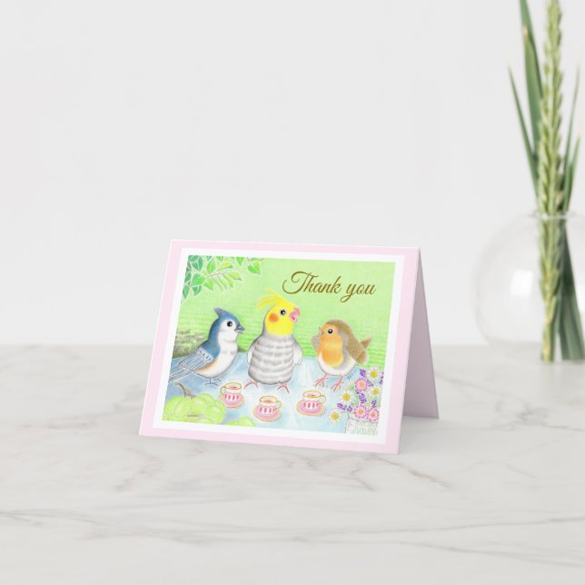 Cute Birds Tea Party Folded Thank You Card Tack Kort (Framsida)