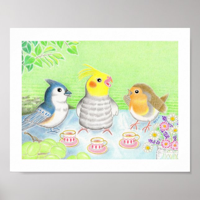 Cute Birds Tea Party Nursery Art Print Poster (Framsidan)