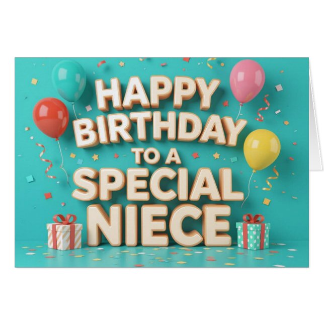 Cute Birthday Balloons and Gifts Card for Niece Hälsningskort (Framsidan Horizontal)
