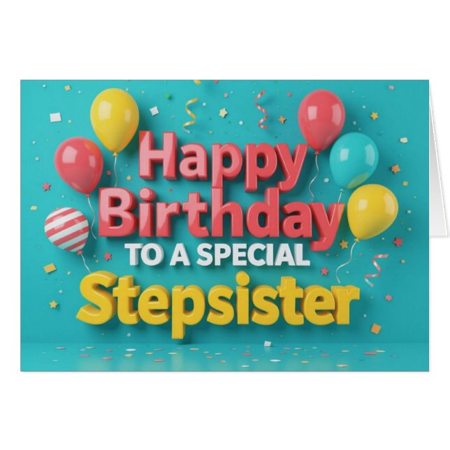 Cute Birthday Balloons Card for Stepsister Hälsningskort (Framsidan Horizontal)