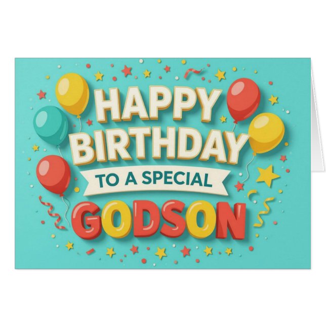 Cute Birthday Balloons & Confetti Card for Godson Hälsningskort (Framsidan Horizontal)