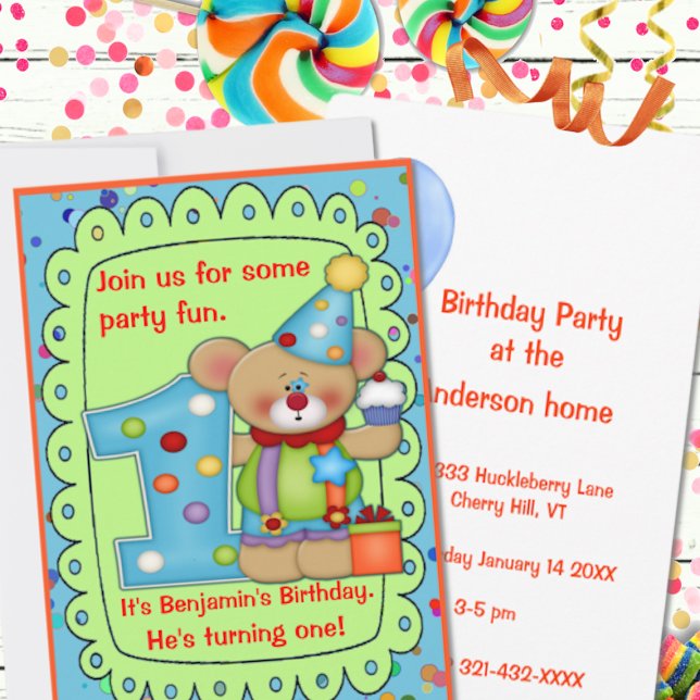 Cute Birthday Bear Ålder 1 Inbjudningar (Skapare uppladdad)