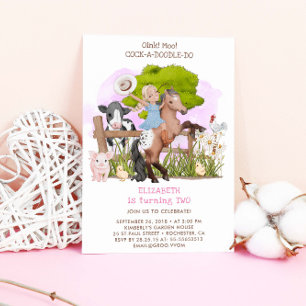 Cute Birthday Boskap Cowgirl Barnyard Inbjudningar