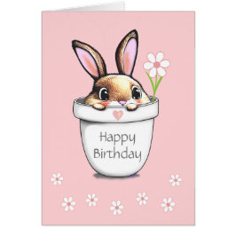 Cute Birthday Bunny & Flowers på Ljus rosa Hälsningskort