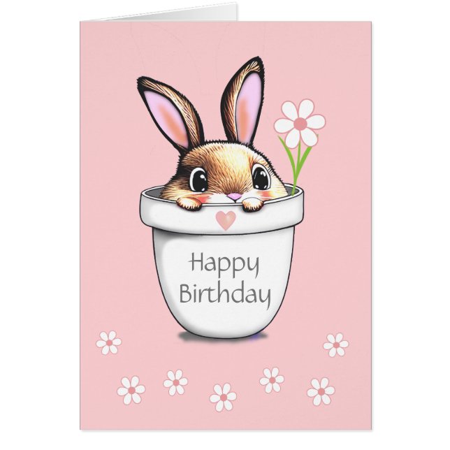 Cute Birthday Bunny & Flowers på Ljus rosa Hälsningskort (Framsidan)