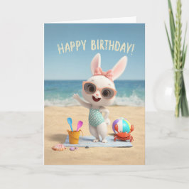 Cute Birthday Bunny in Polka Dot Swimsuit at Beach Kort