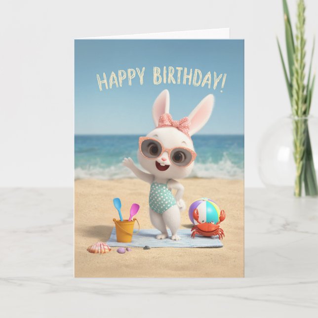 Cute Birthday Bunny in Polka Dot Swimsuit at Beach Kort (Framsida)
