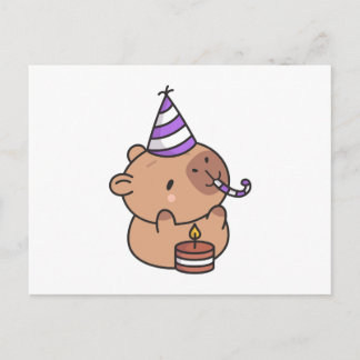 Cute Birthday Capybara with Party Hat and Cake Kaw Vykort