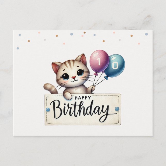 Cute Birthday Card med Lycklig Cat and Balloc Vykort (Framsida)