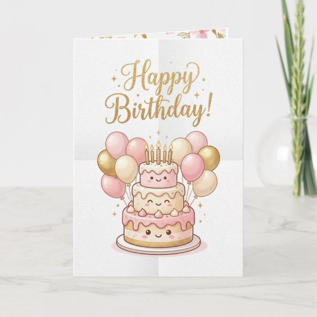 Cute Birthday Card | Pink & Gold Cake Balloons🎉 Kort (Framsida)