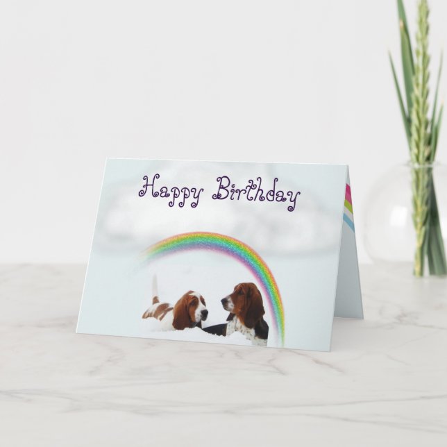 Cute Birthday Card w/Basset Hounds and Rainbows Kort (Framsida)