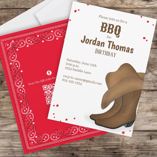 Cute Birthday Cowboy BBQ QR Code Social Media Inbjudningar (Skapare uppladdad)