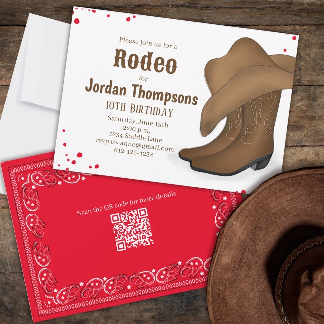Cute Birthday Cowboy Rodeo Red Bandana QR-kod Inbjudningar (Skapare uppladdad)