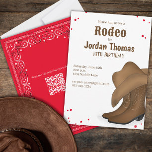 Cute Birthday Cowboy Rodeo Red Bandana QR-kod Inbjudningar