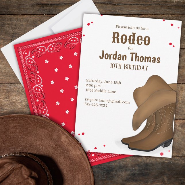 Cute Birthday Cowboy Rodeo Simple Red Bandana Inbjudningar (Birthday party invitation with the whimsical cool western rodeo theme. )