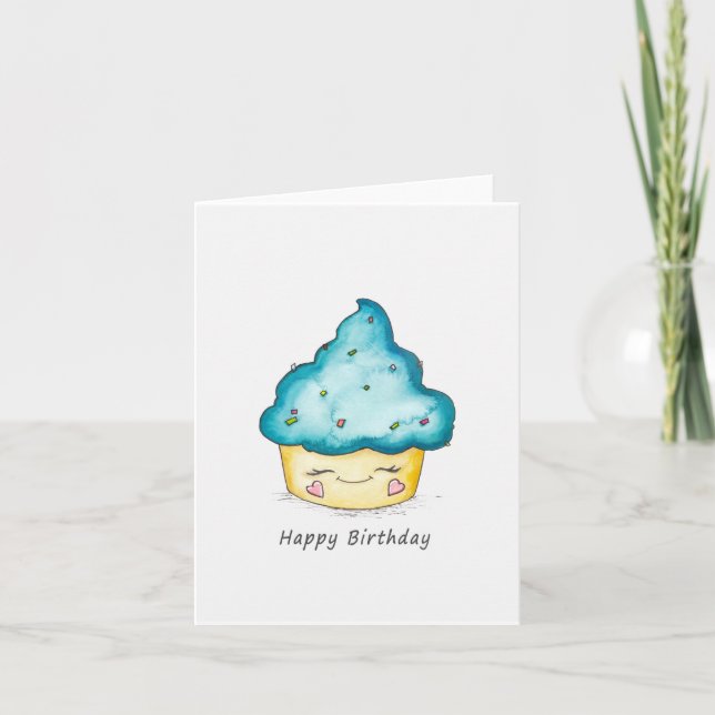 Cute Birthday Cupcoa Watercolor Greeting Card Kort (Framsida)