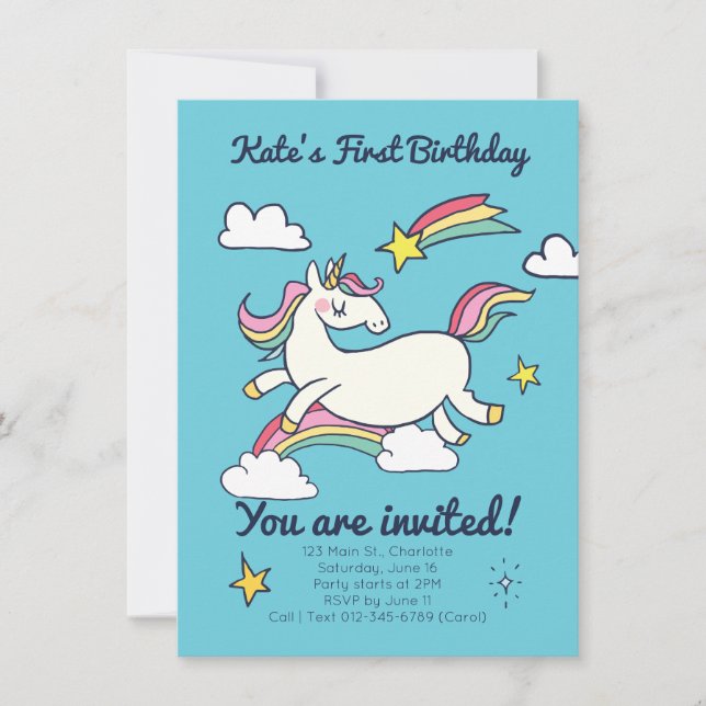 Cute Birthday Doodle Rainbow Unicorn and Stars. Inbjudningar (Framsida)