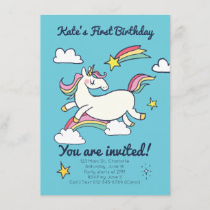 Cute Birthday Doodle Rainbow Unicorn and Stars. Inbjudningar