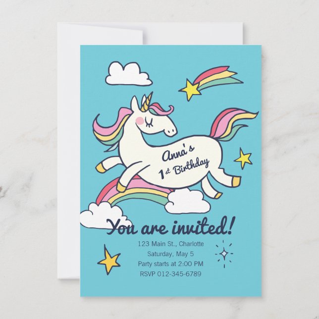 Cute Birthday Doodle Rainbow Unicorn och Stars. Inbjudningar (Baksida)