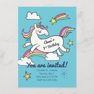 Cute Birthday Doodle Rainbow Unicorn och Stars. Inbjudningar