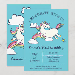 Cute Birthday Doodle Rainbow Unicorn och Stars. Inbjudningar