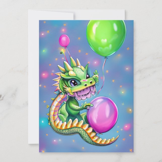 Cute Birthday Dragon med ballonger Julkort (Framsida)