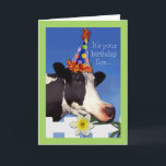 Cute Birthday för Son med ynka kupkort Kort<br><div class="desc">Pappert hälsningskort för en son. En ko som bär en party hatt och äter en daffodil är på omslaget. Art,  bild och versell copyright © Shoaff Ballanger Studios,  2022.</div>