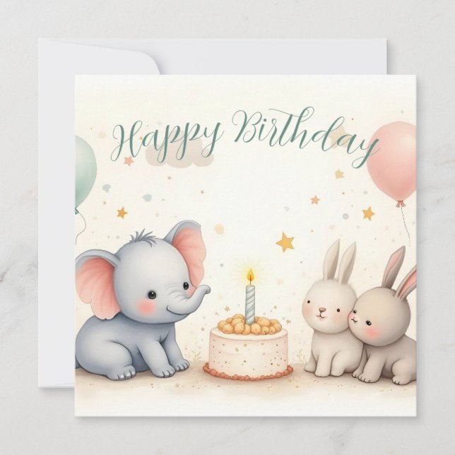 Cute Birthday Hälsning med djurvänner (Framsida)