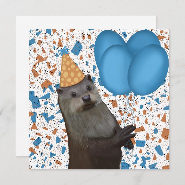 Cute Birthday Otter med blå ballonger (Fram/baksida)
