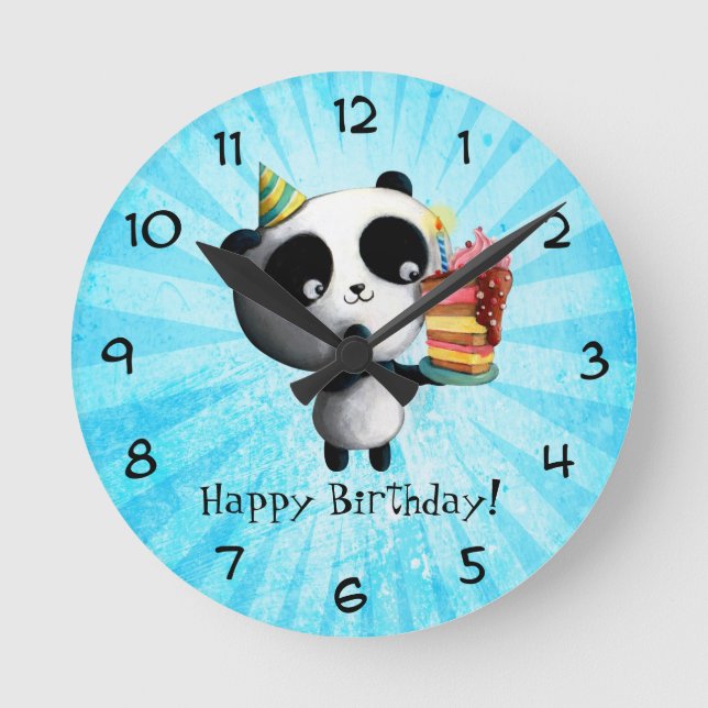 Cute Birthday Panda med kummel Rund Klocka (Framsida)
