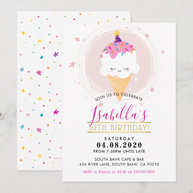 CUTE BIRTHDAY PARTY INBJUDAN kawaii glass cone (Fram/baksida)