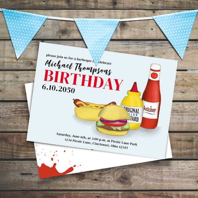 Cute Birthday Party Summer BBQ Anpassningsbar Inbjudningar (Birthday invitation with hamburger, hotdog, ketchup, and mustard.)