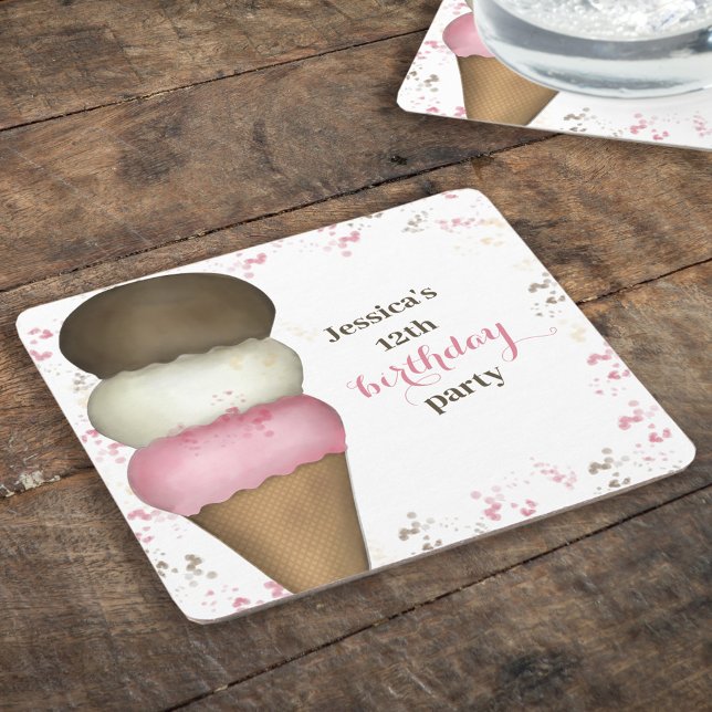 Cute Birthday Party Whimsical Ice Cream Cone Underlägg Papper Kvadrat (Skapare uppladdad)