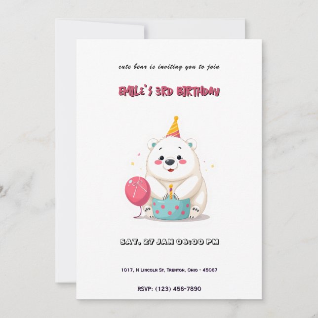 Cute Birthday Polar Bear med Party Hat Inbjudningar (Framsida)